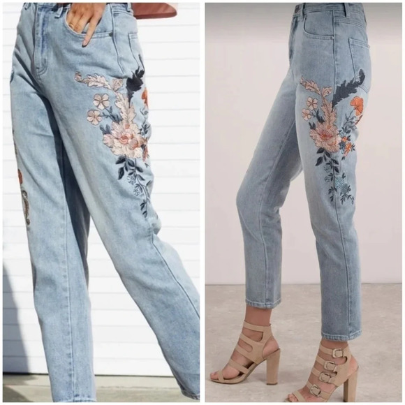 MINKPINK MP|D Wildflower Scando Jeans, Floral Embroidered, Straight Leg, EUC! - Picture 1 of 15
